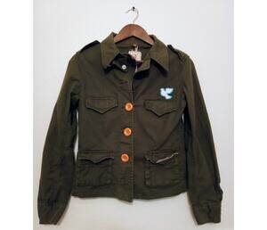 Chor Women's Army Jacket Utility Military Statement Orange Accent Buttons SZ M